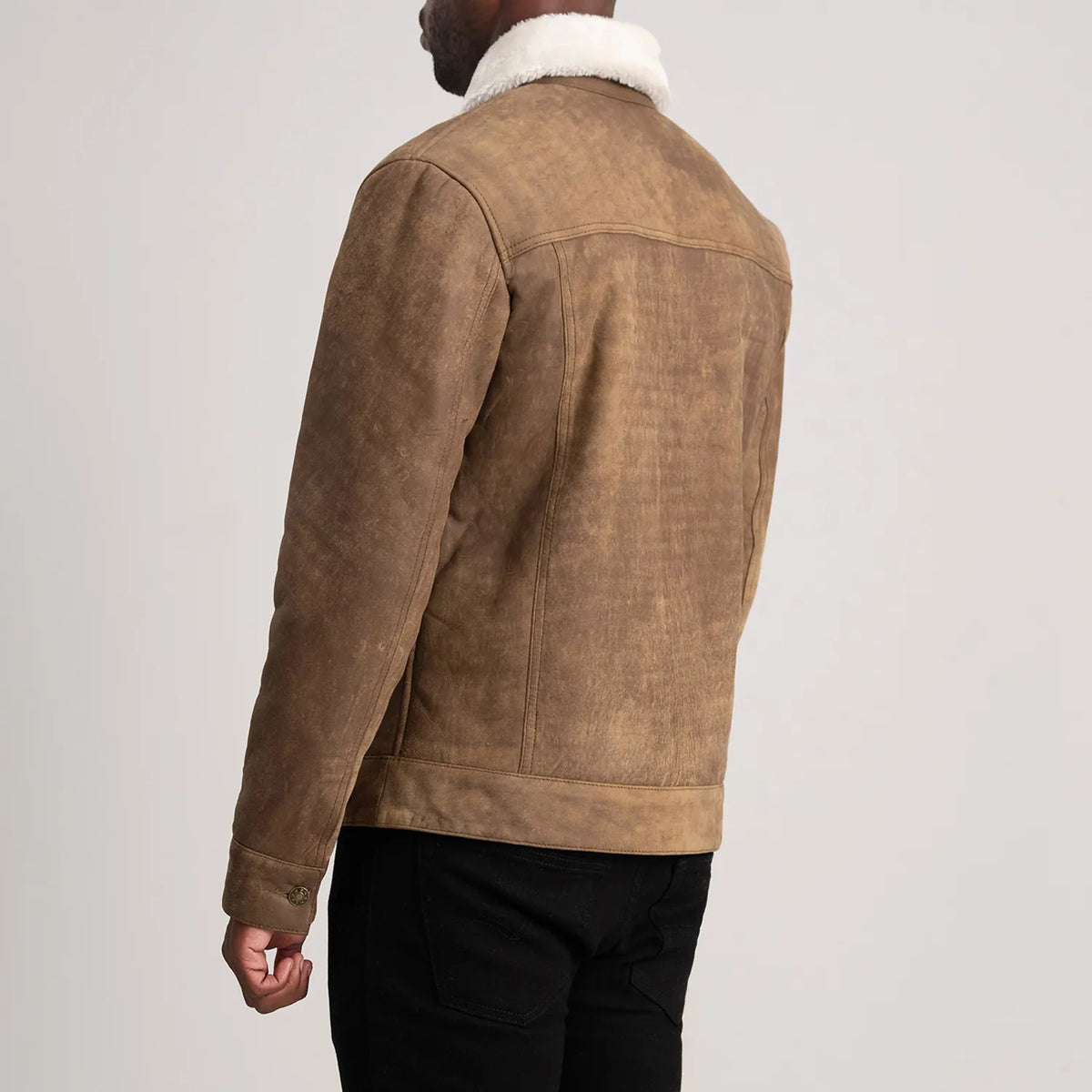 Dallis Distressed Brown Leather Shearling Trucker Jacket - men's jacket in brown sheepskin leather, view 5