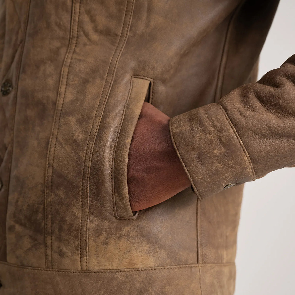 Dallis Distressed Brown Leather Shearling Trucker Jacket - men's jacket in brown sheepskin leather, view 6