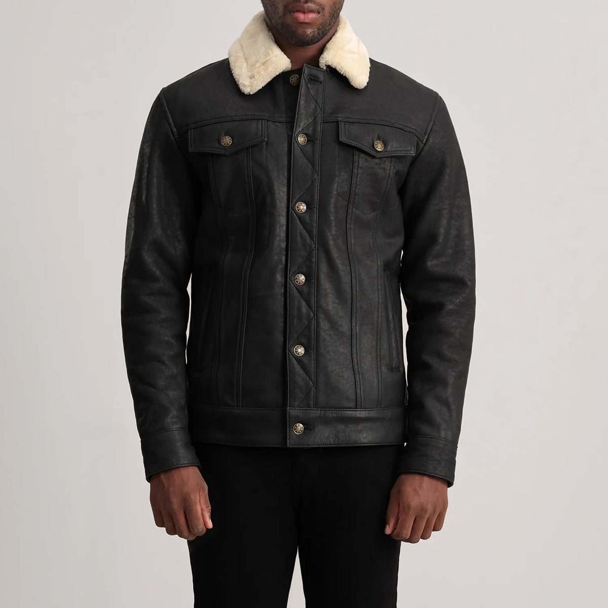 Dallis Distressed Black Leather Shearling Trucker Jacket - men's jacket in black sheepskin leather, view 1
