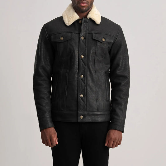 Dallis Distressed Black Leather Shearling Trucker Jacket - men's jacket in black sheepskin leather, view 1