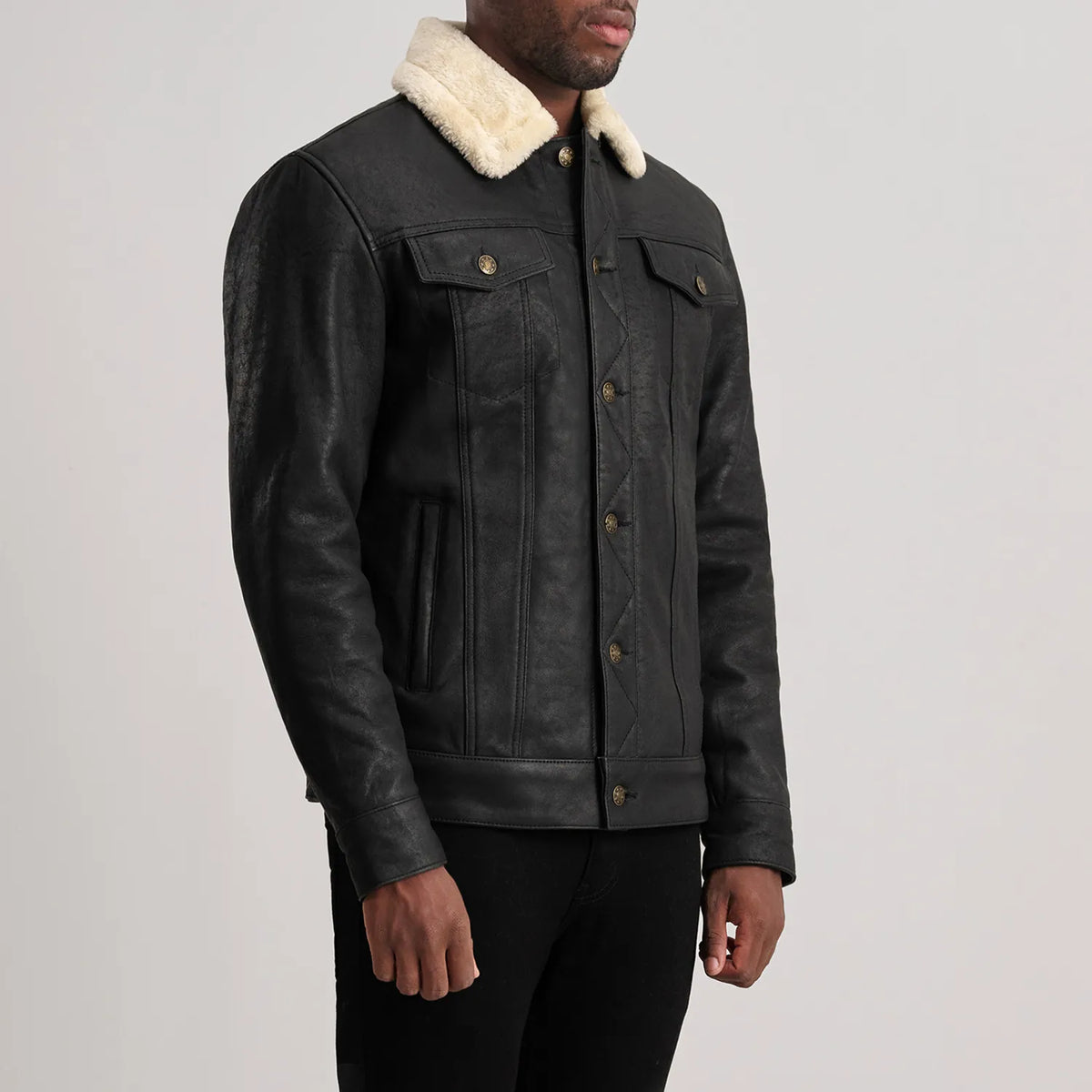 Dallis Distressed Black Leather Shearling Trucker Jacket - men's jacket in black sheepskin leather, view 2