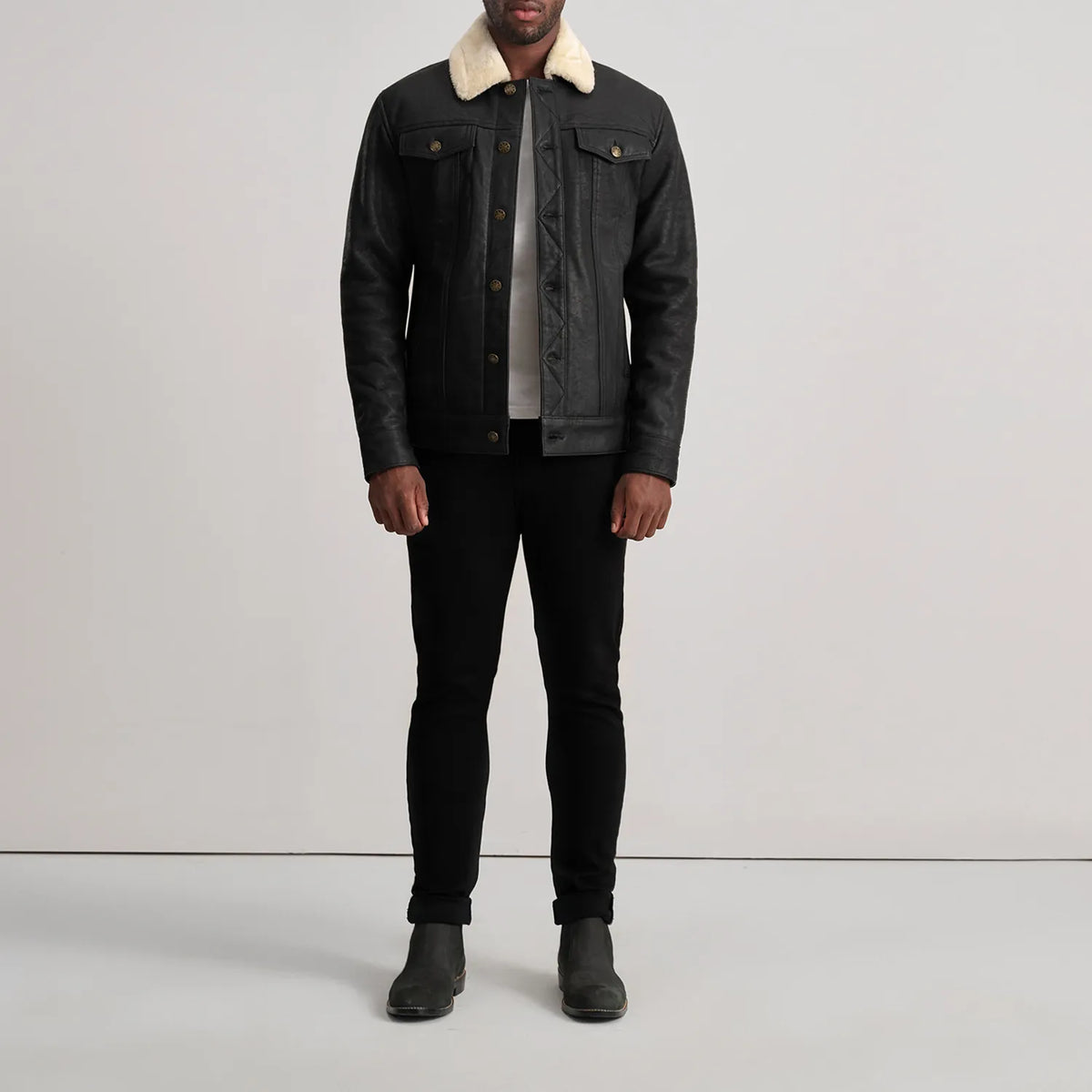 Dallis Distressed Black Leather Shearling Trucker Jacket - men's jacket in black sheepskin leather, view 3