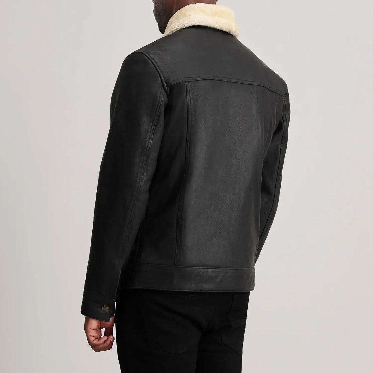 Dallis Distressed Black Leather Shearling Trucker Jacket - men's jacket in black sheepskin leather, view 4