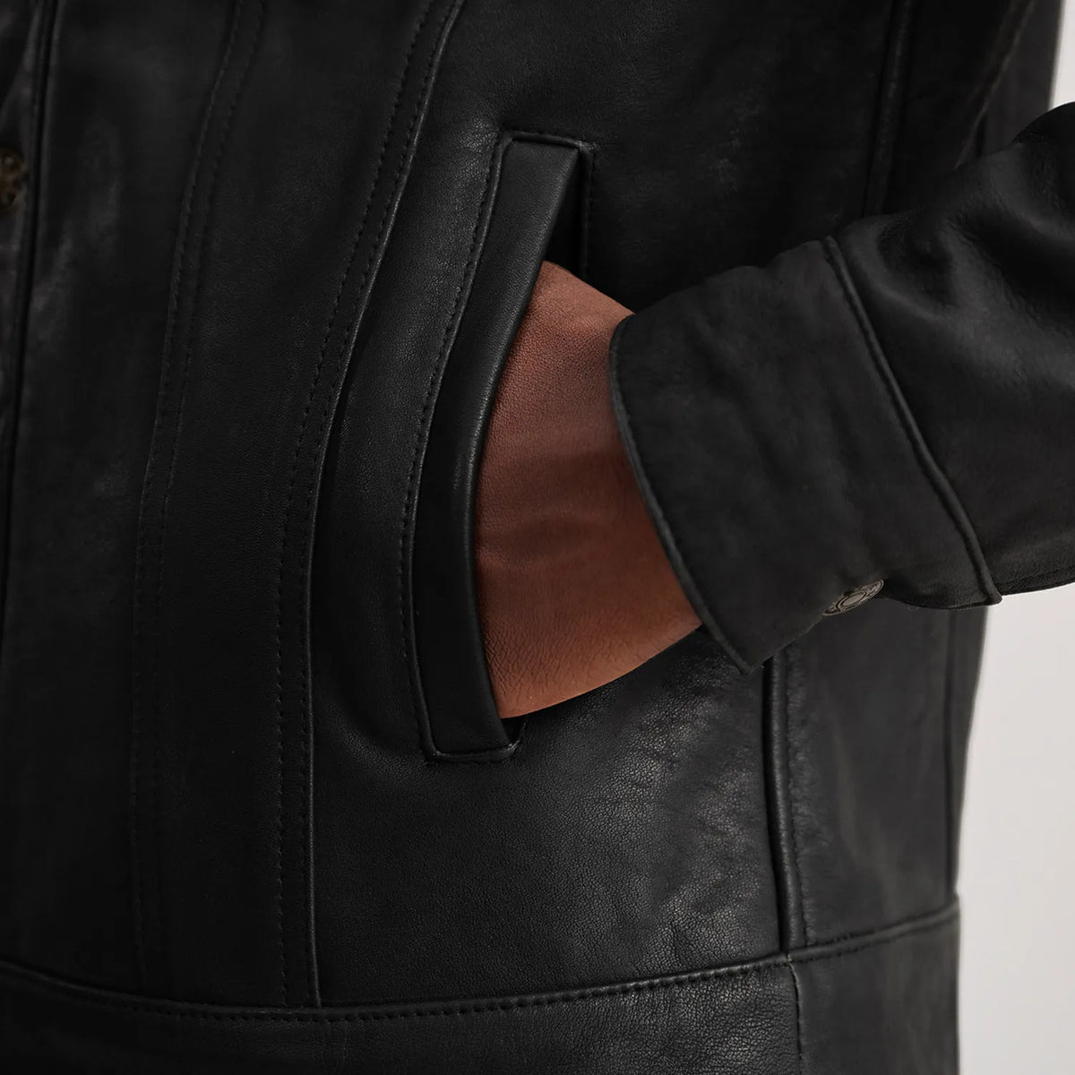 Dallis Distressed Black Leather Shearling Trucker Jacket - men's jacket in black sheepskin leather, view 5