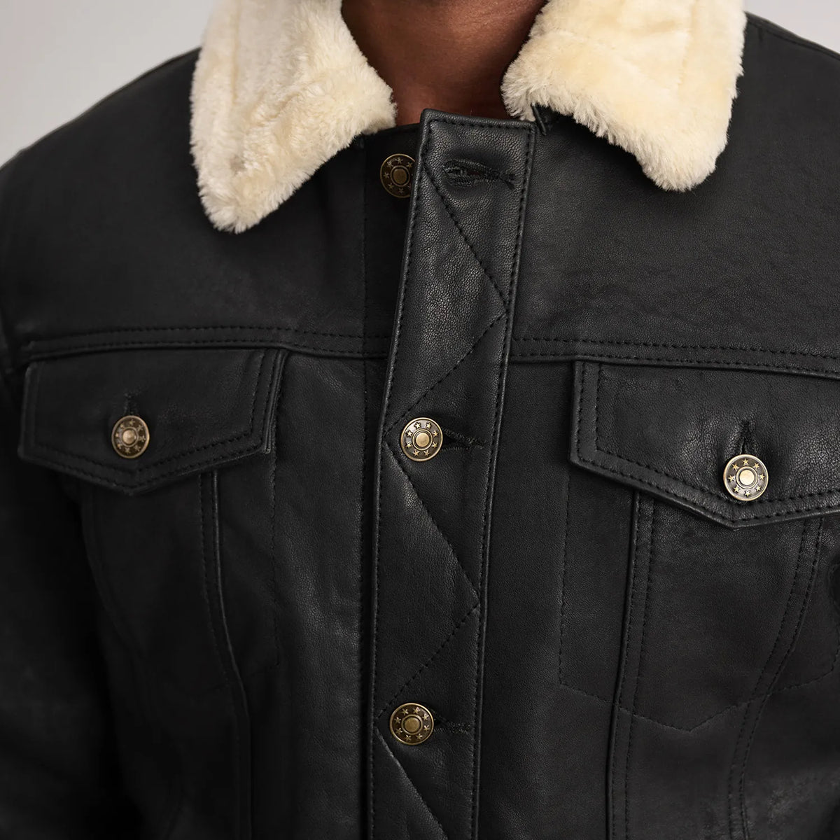 Dallis Distressed Black Leather Shearling Trucker Jacket - men's jacket in black sheepskin leather, view 6