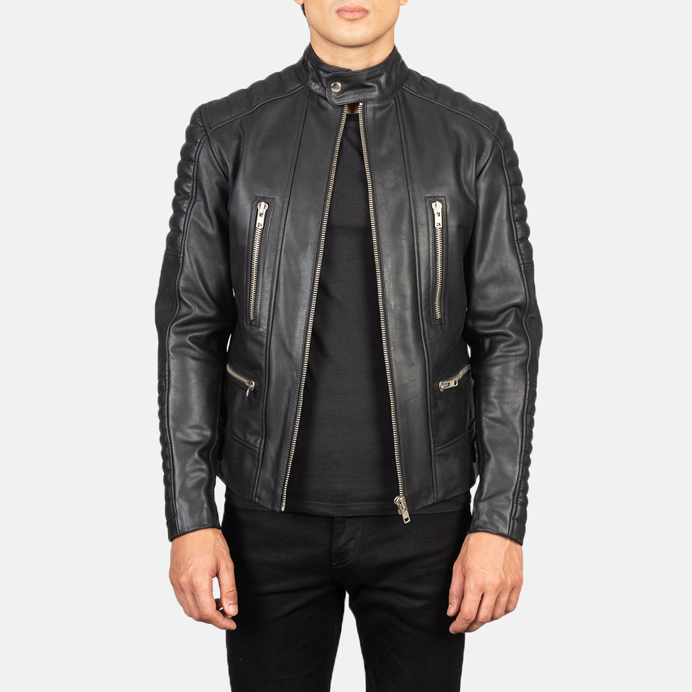 Damian Black Leather Biker Jacket - men's jacket in black cowhide leather, view 1