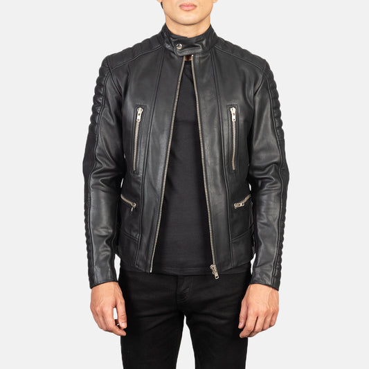 Damian Black Leather Biker Jacket - men's jacket in black cowhide leather, view 1