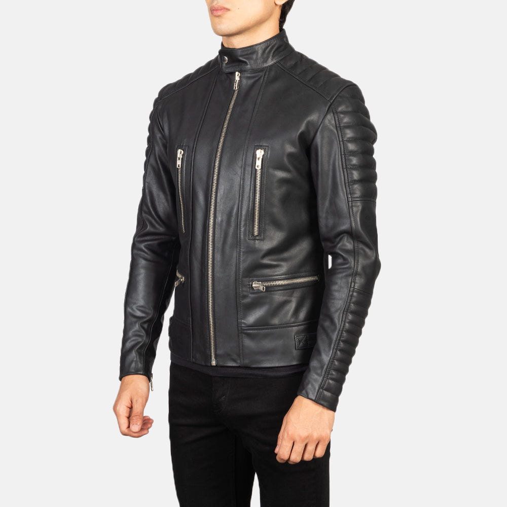 Damian Black Leather Biker Jacket - men's jacket in black cowhide leather, view 2
