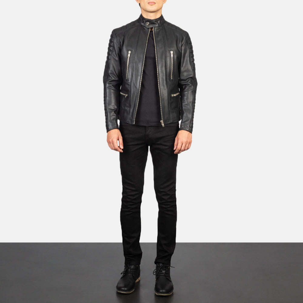 Damian Black Leather Biker Jacket - men's jacket in black cowhide leather, view 3