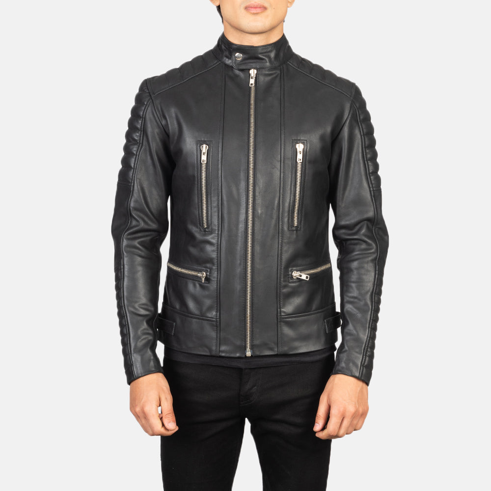 Damian Black Leather Biker Jacket - men's jacket in black cowhide leather, view 4