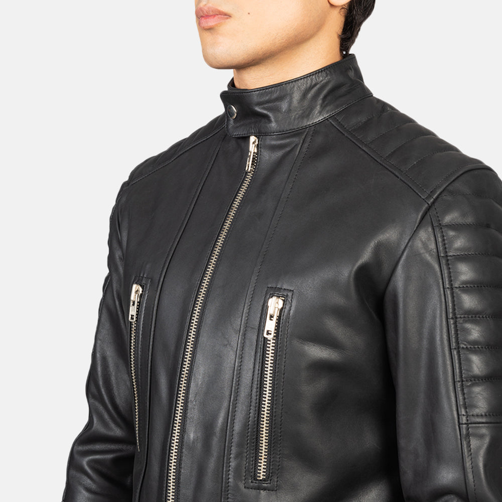 Damian Black Leather Biker Jacket - men's jacket in black cowhide leather, view 6