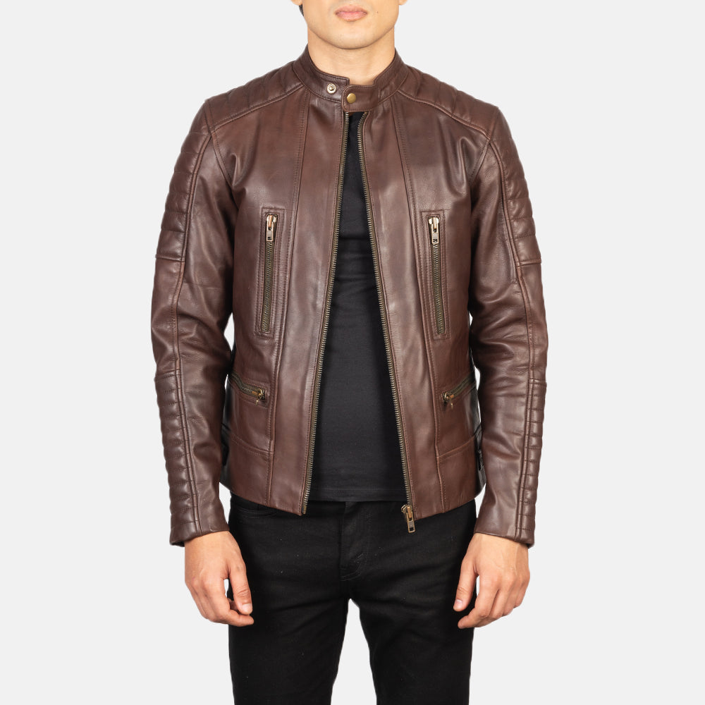 Damian Brown Leather Biker Jacket - men's jacket in brown cowhide leather, view 1