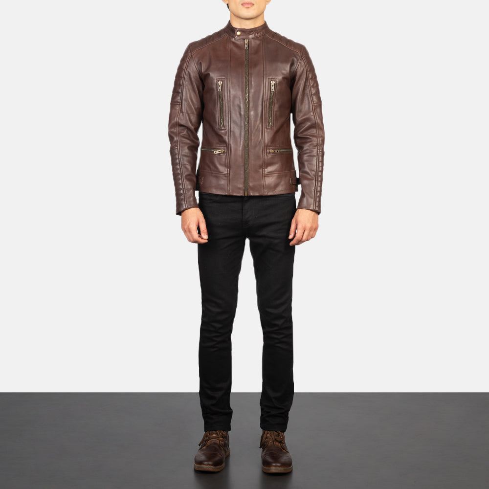 Damian Brown Leather Biker Jacket - men's jacket in brown cowhide leather, view 3