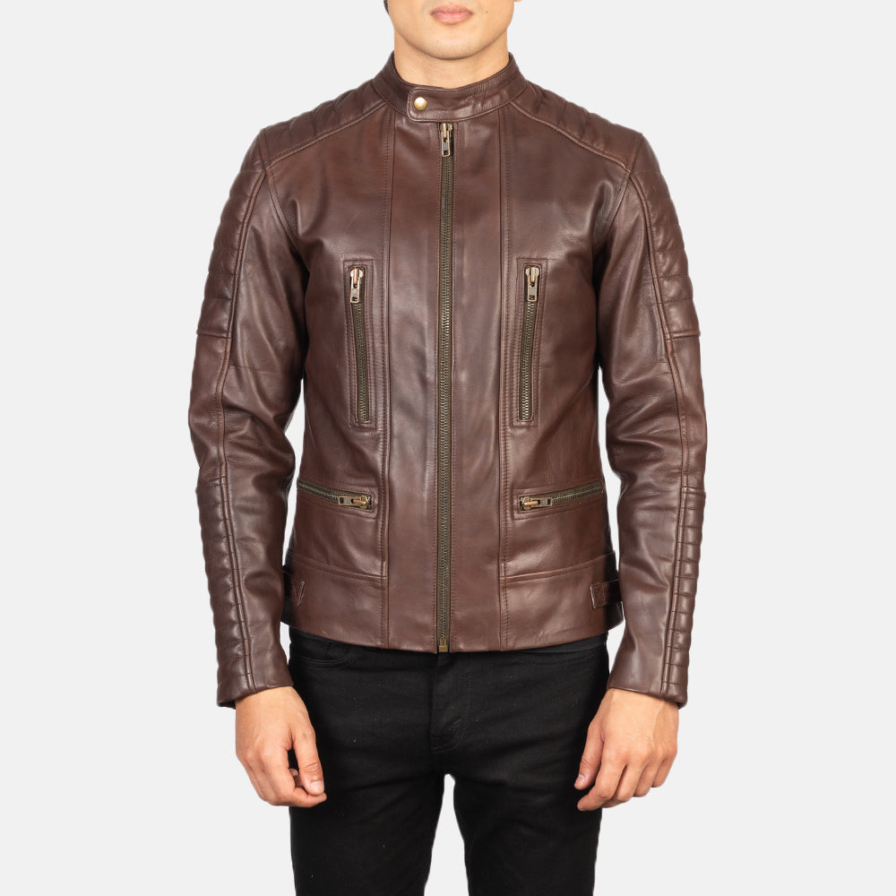 Damian Brown Leather Biker Jacket - men's jacket in brown cowhide leather, view 4
