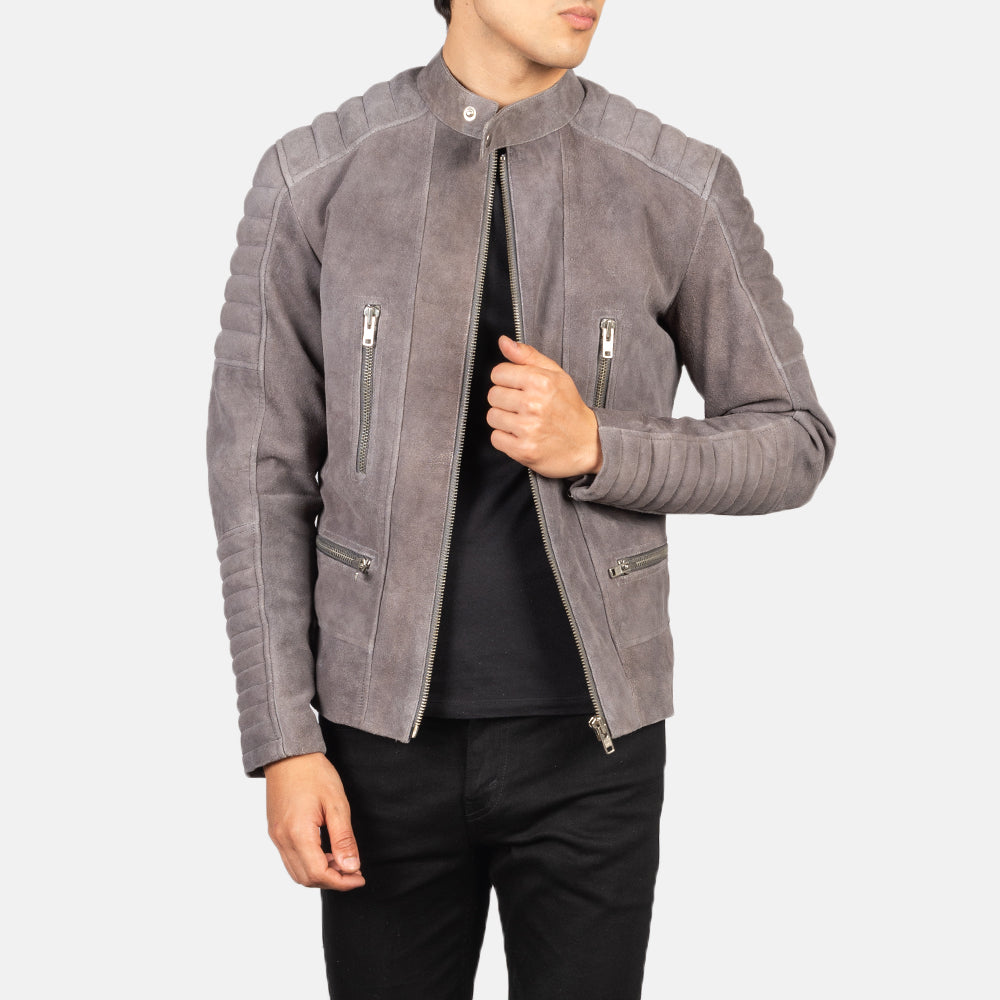 Damian Grey Suede Biker Jacket - men's jacket in grey suede leather, view 1