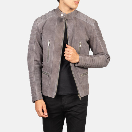 Damian Grey Suede Biker Jacket - men's jacket in grey suede leather, view 1