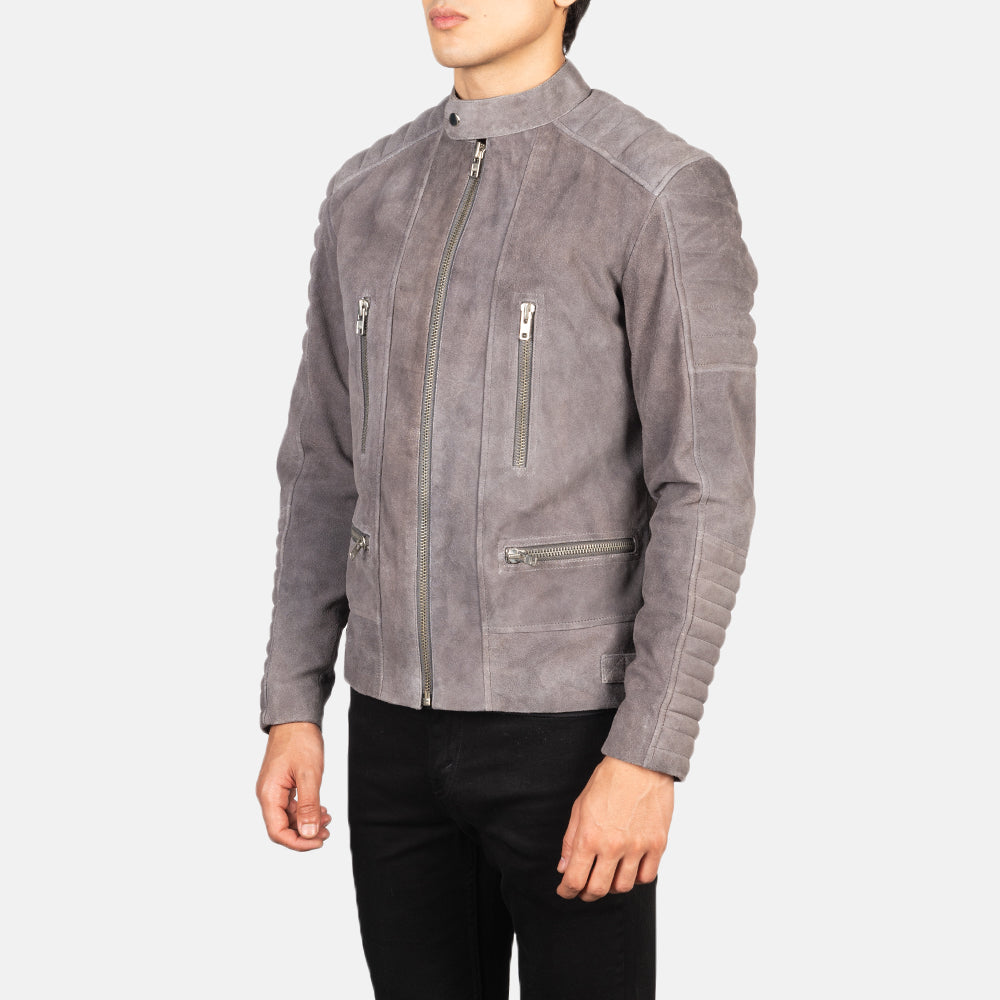 Damian Grey Suede Biker Jacket - men's jacket in grey suede leather, view 2