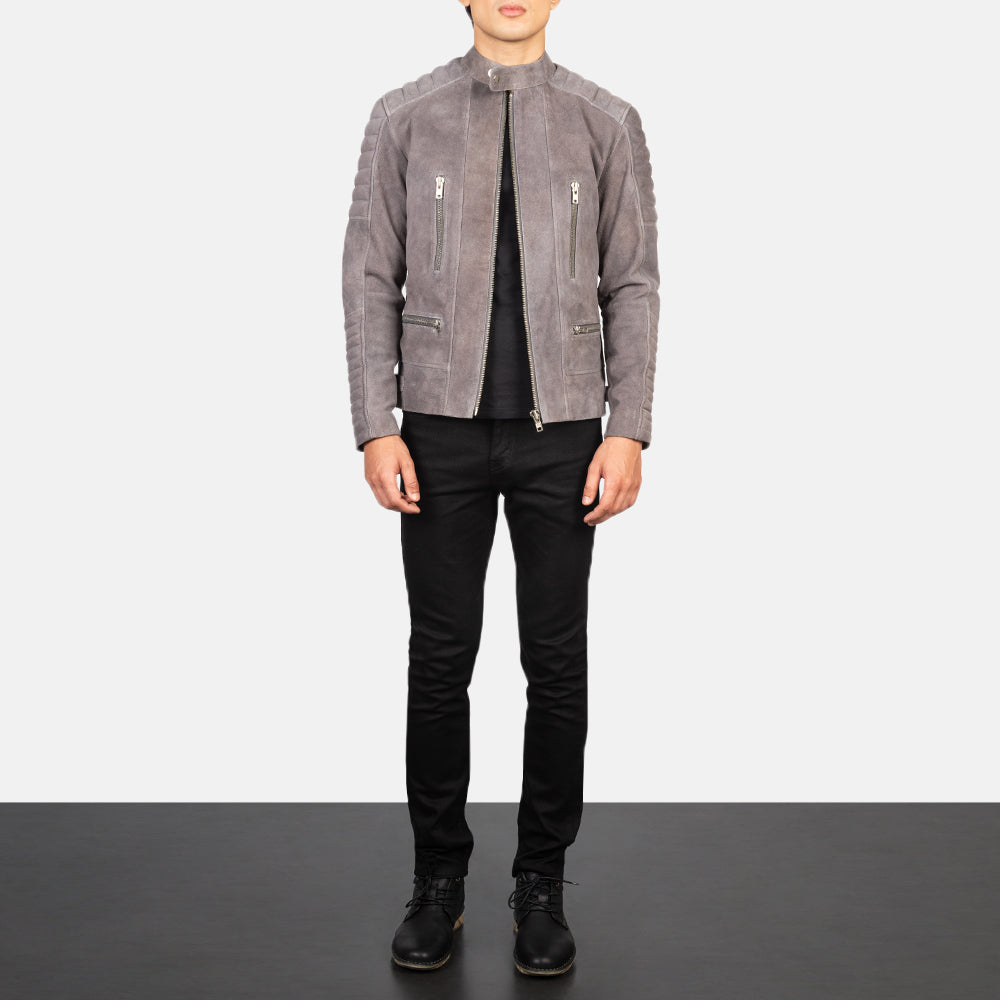 Damian Grey Suede Biker Jacket - men's jacket in grey suede leather, view 3