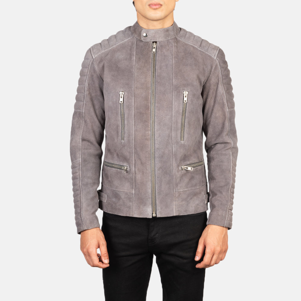 Damian Grey Suede Biker Jacket - men's jacket in grey suede leather, view 4