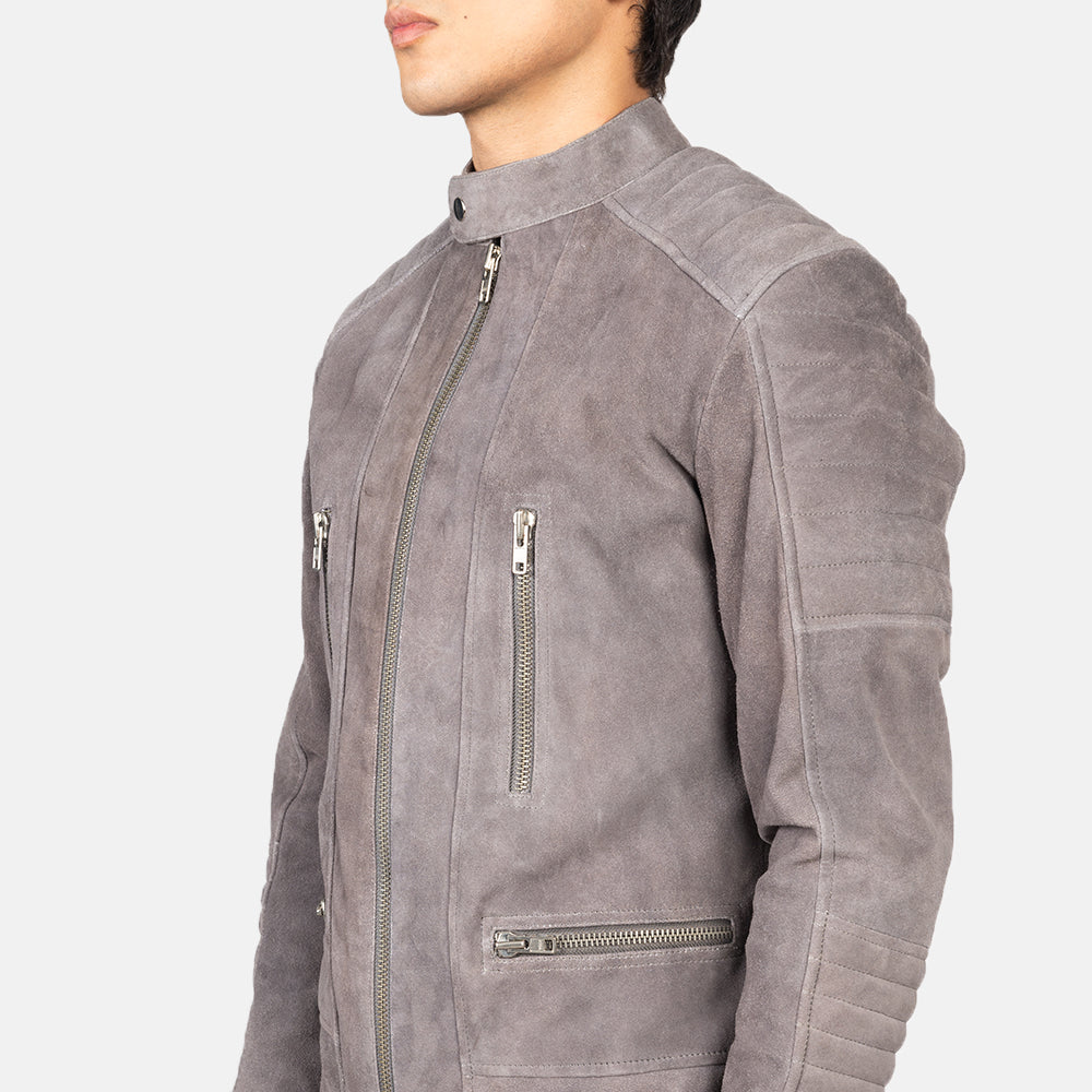 Damian Grey Suede Biker Jacket - men's jacket in grey suede leather, view 6