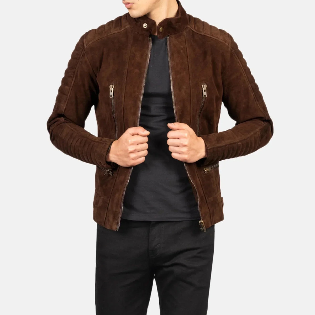 Damian Mocha Suede Biker Jacket - men's jacket in mocha suede leather, view 1