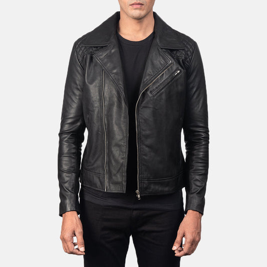 Danny Quilted Black Leather Biker Jacket - men's jacket in black goatskin leather, view 1
