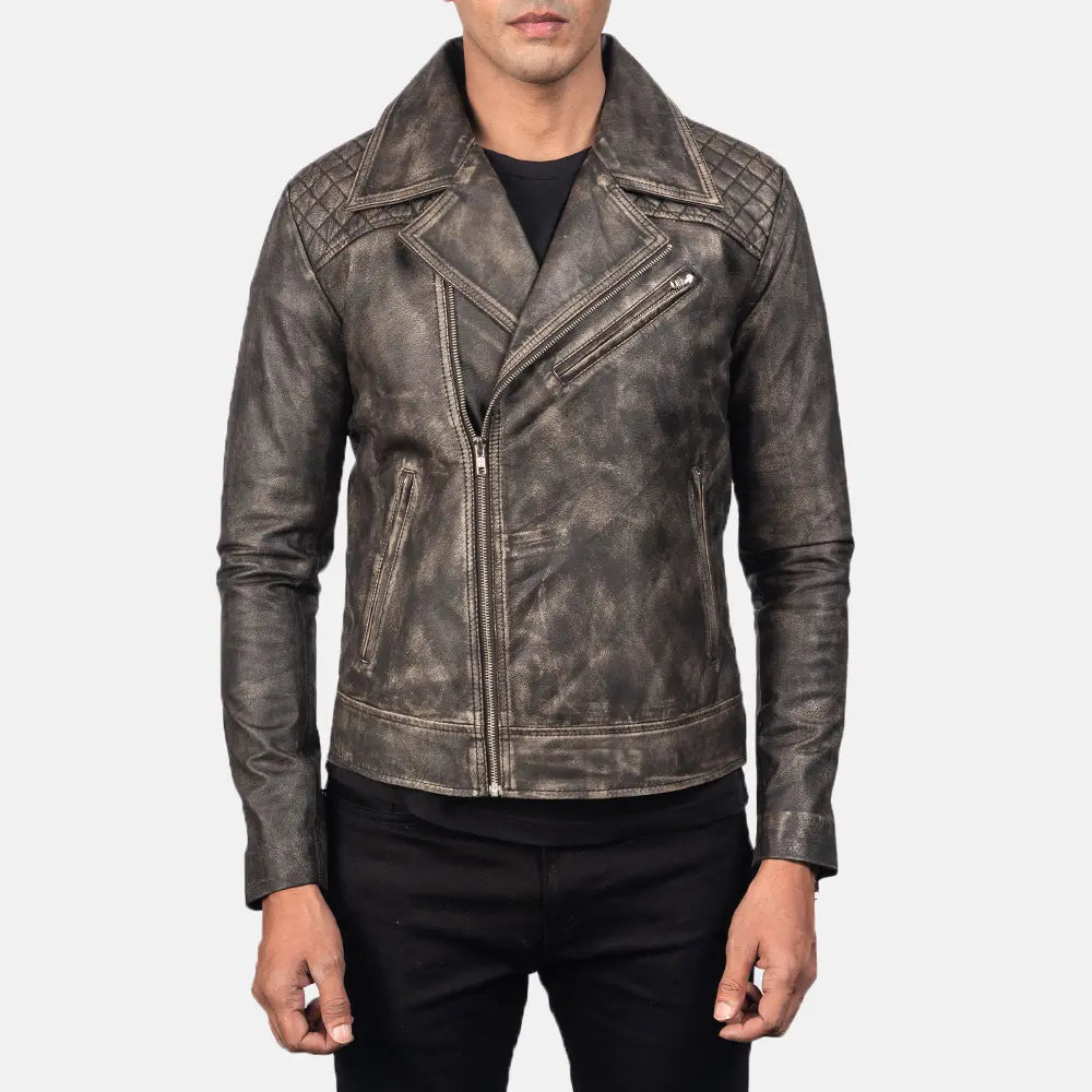 Danny Quilted Brown Leather Biker Jacket - men's jacket in brown goatskin leather, view 1