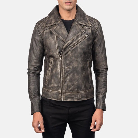 Danny Quilted Brown Leather Biker Jacket - men's jacket in brown goatskin leather, view 1