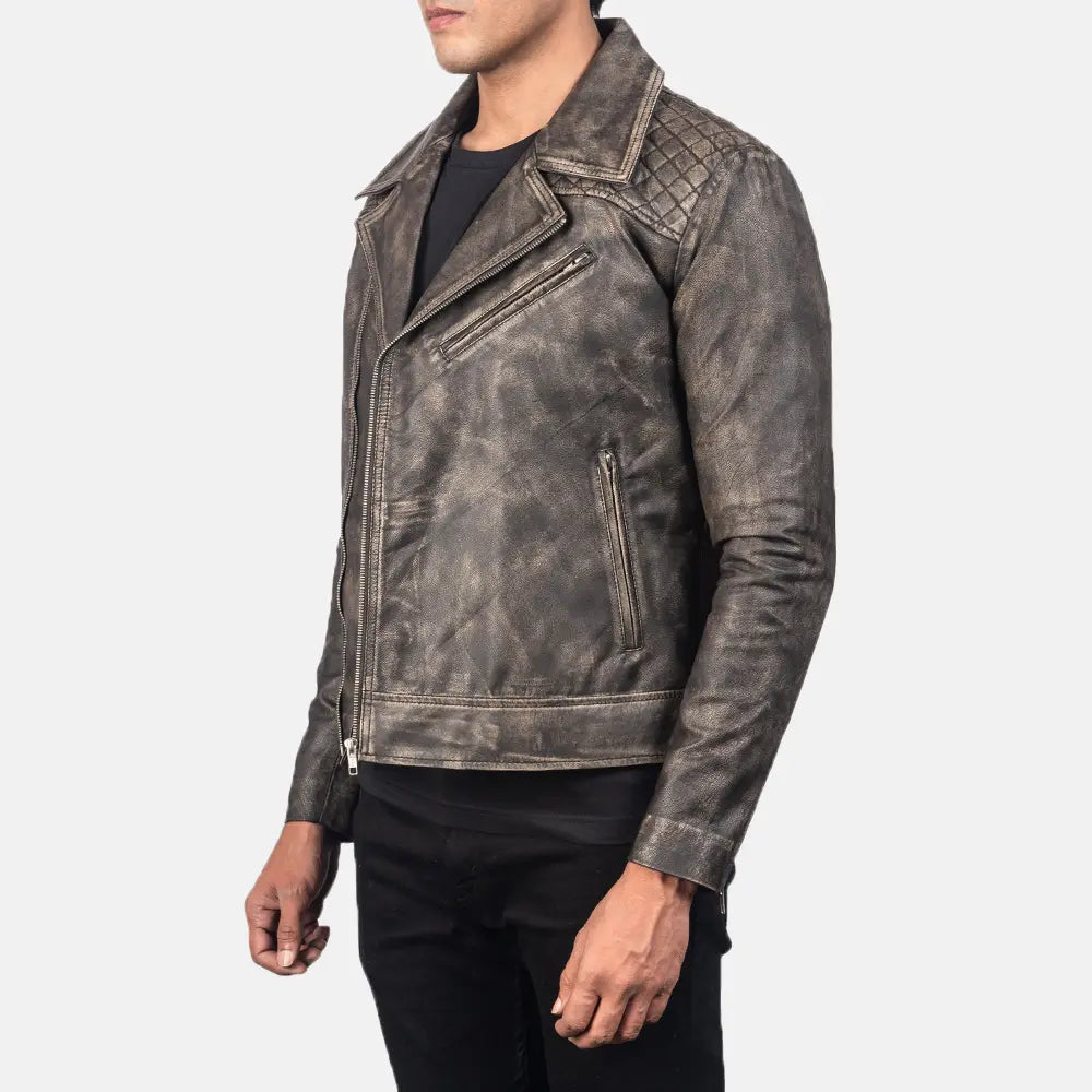 Danny Quilted Brown Leather Biker Jacket - men's jacket in brown goatskin leather, view 2