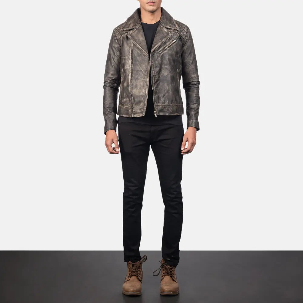 Danny Quilted Brown Leather Biker Jacket - men's jacket in brown goatskin leather, view 3