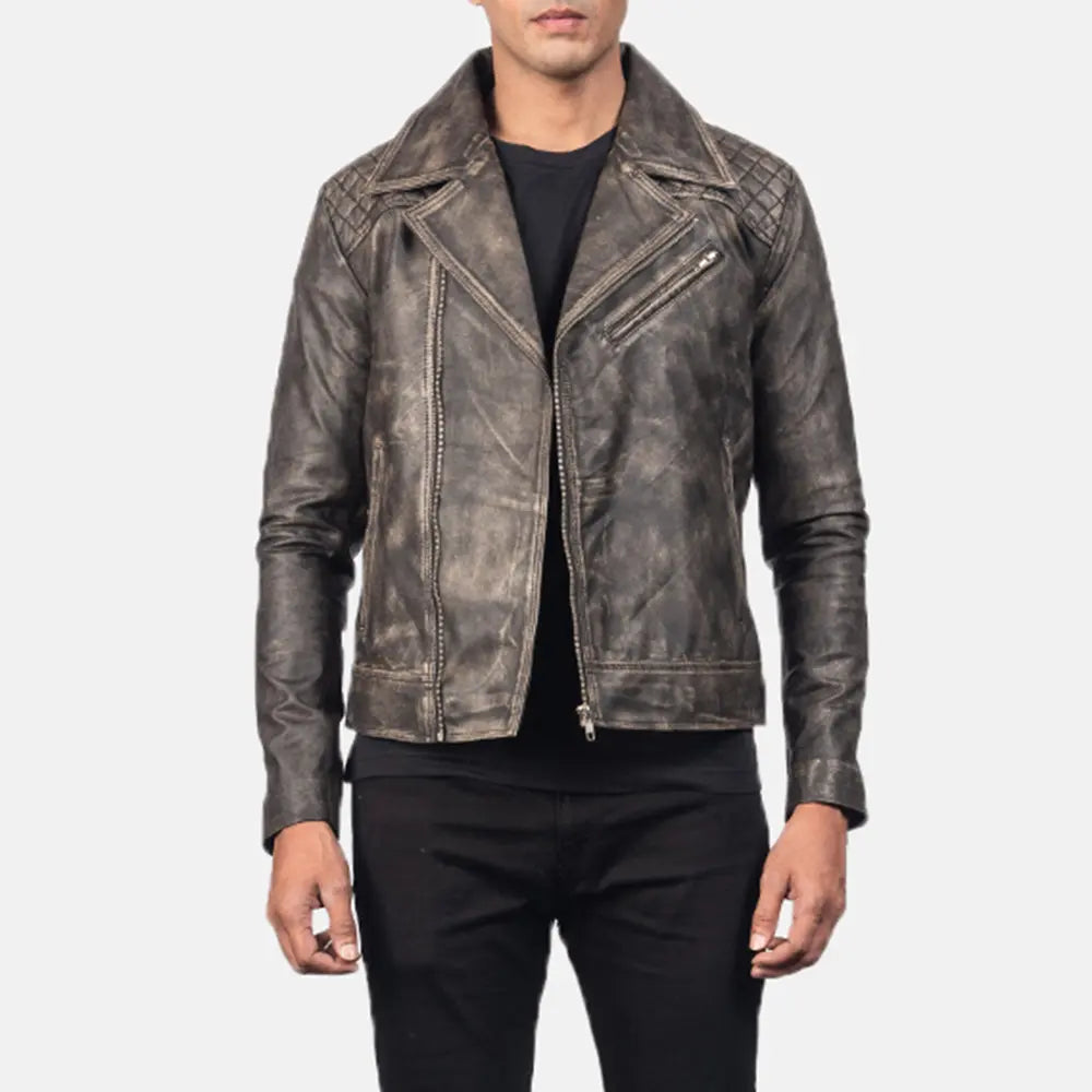 Danny Quilted Brown Leather Biker Jacket - men's jacket in brown goatskin leather, view 4