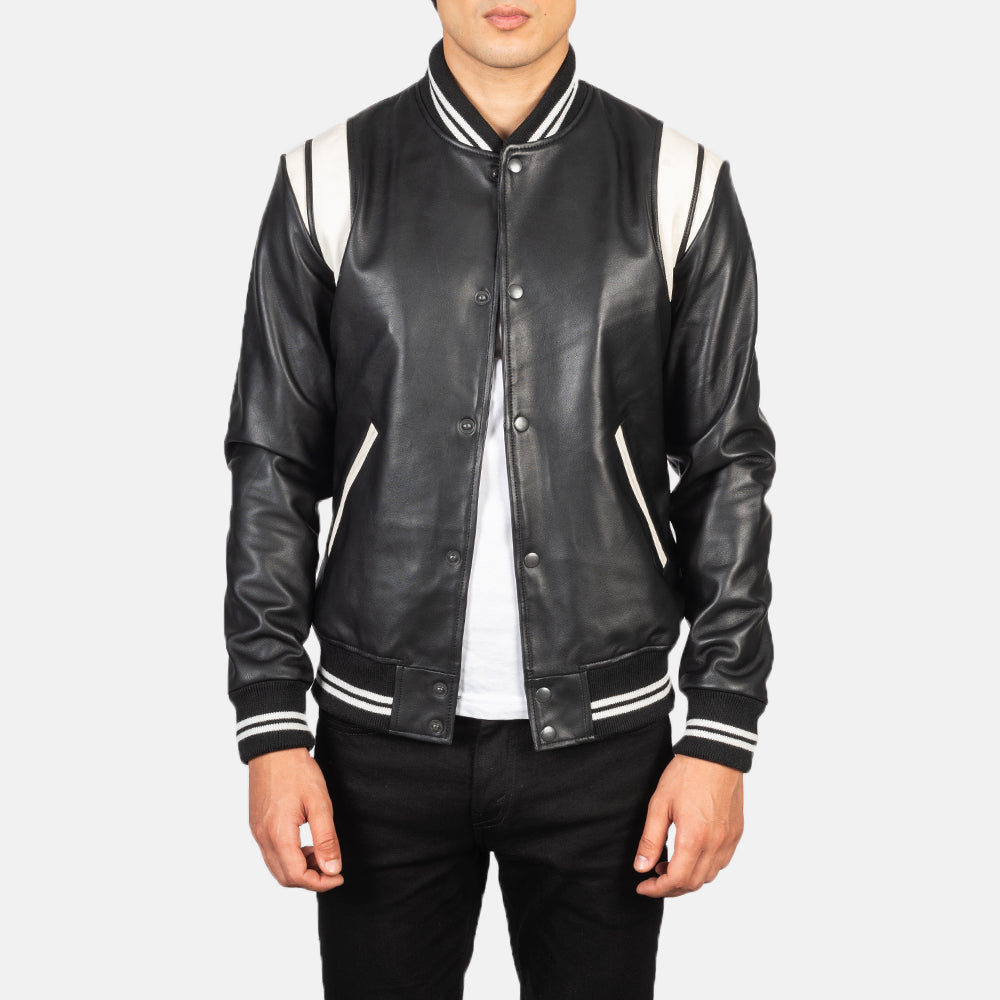 Dantee Black Leather Varsity Jacket - men's jacket in black sheepskin leather, view 1