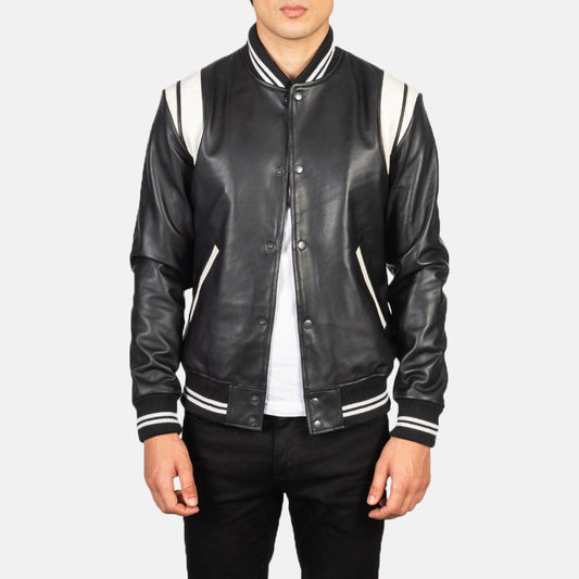 Dantee Black Leather Varsity Jacket - men's jacket in black sheepskin leather, view 1