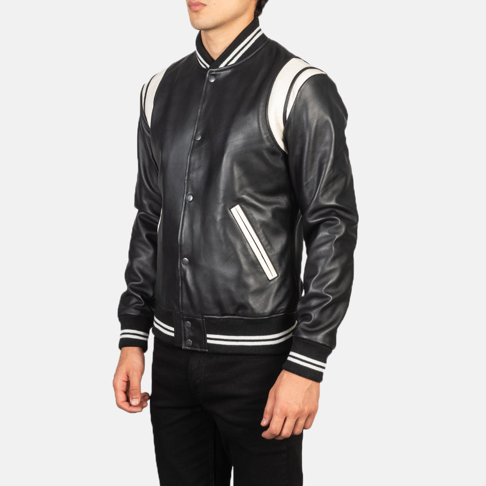 Dantee Black Leather Varsity Jacket - men's jacket in black sheepskin leather, view 2