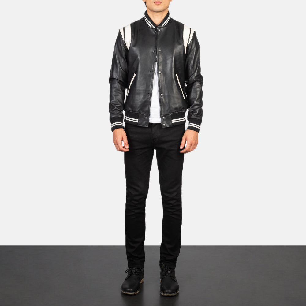Dantee Black Leather Varsity Jacket - men's jacket in black sheepskin leather, view 3