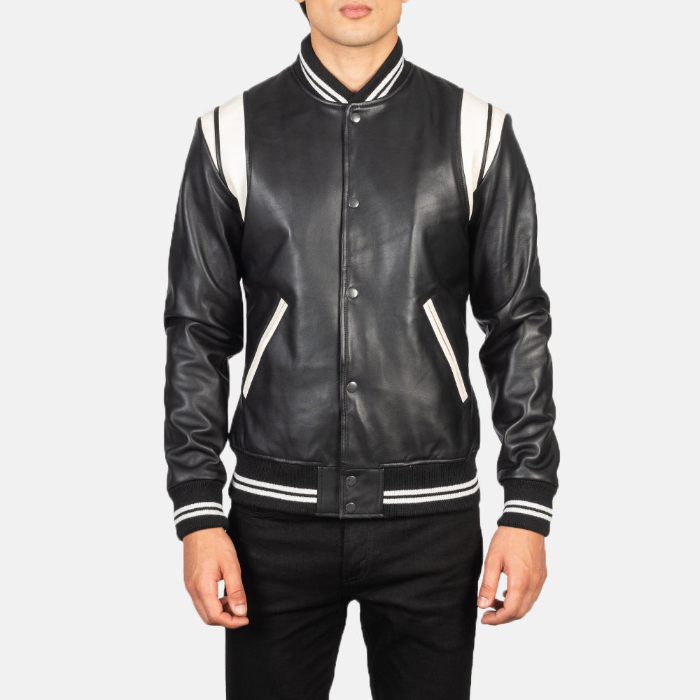 Dantee Black Leather Varsity Jacket - men's jacket in black sheepskin leather, view 4