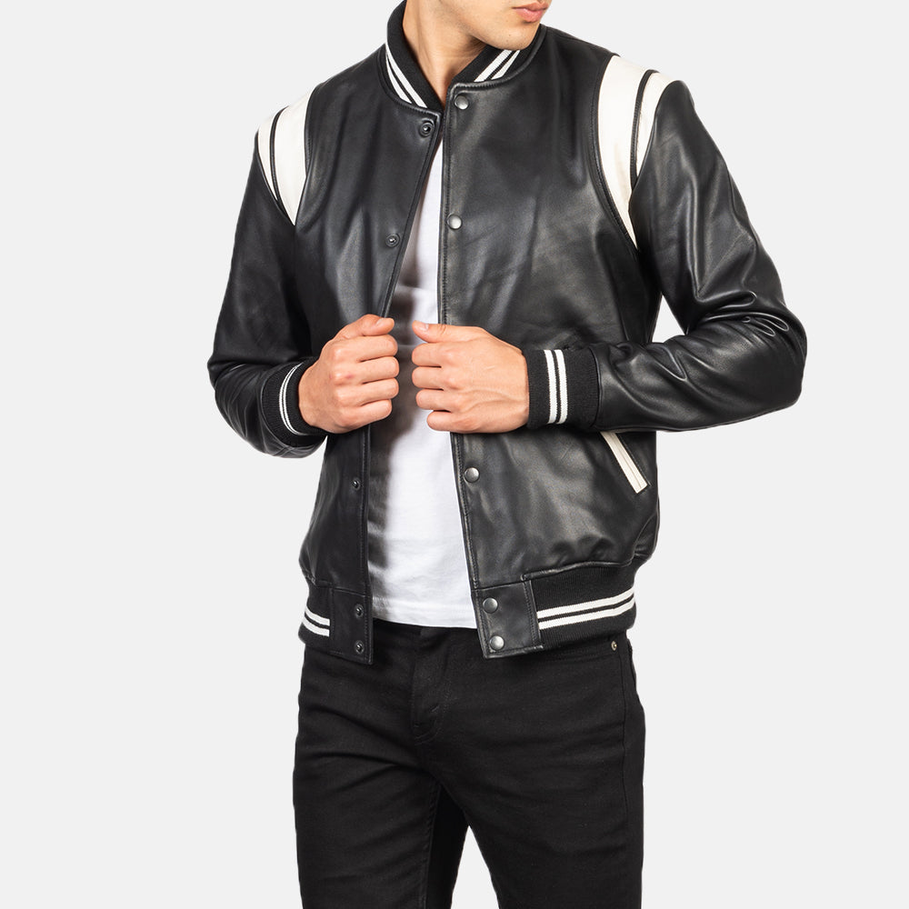 Dantee Black Leather Varsity Jacket - men's jacket in black sheepskin leather, view 6