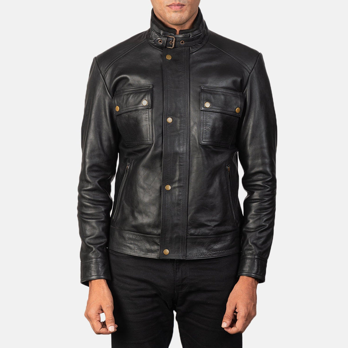 Darren Black Leather Biker Jacket - men's jacket in black cowhide leather, view 1