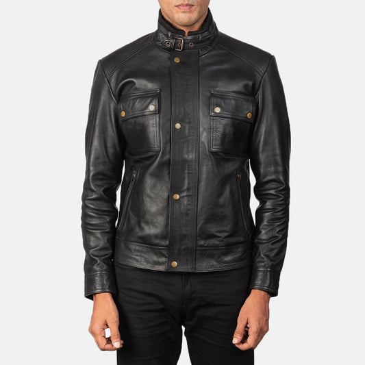 Darren Black Leather Biker Jacket - men's jacket in black cowhide leather, view 1