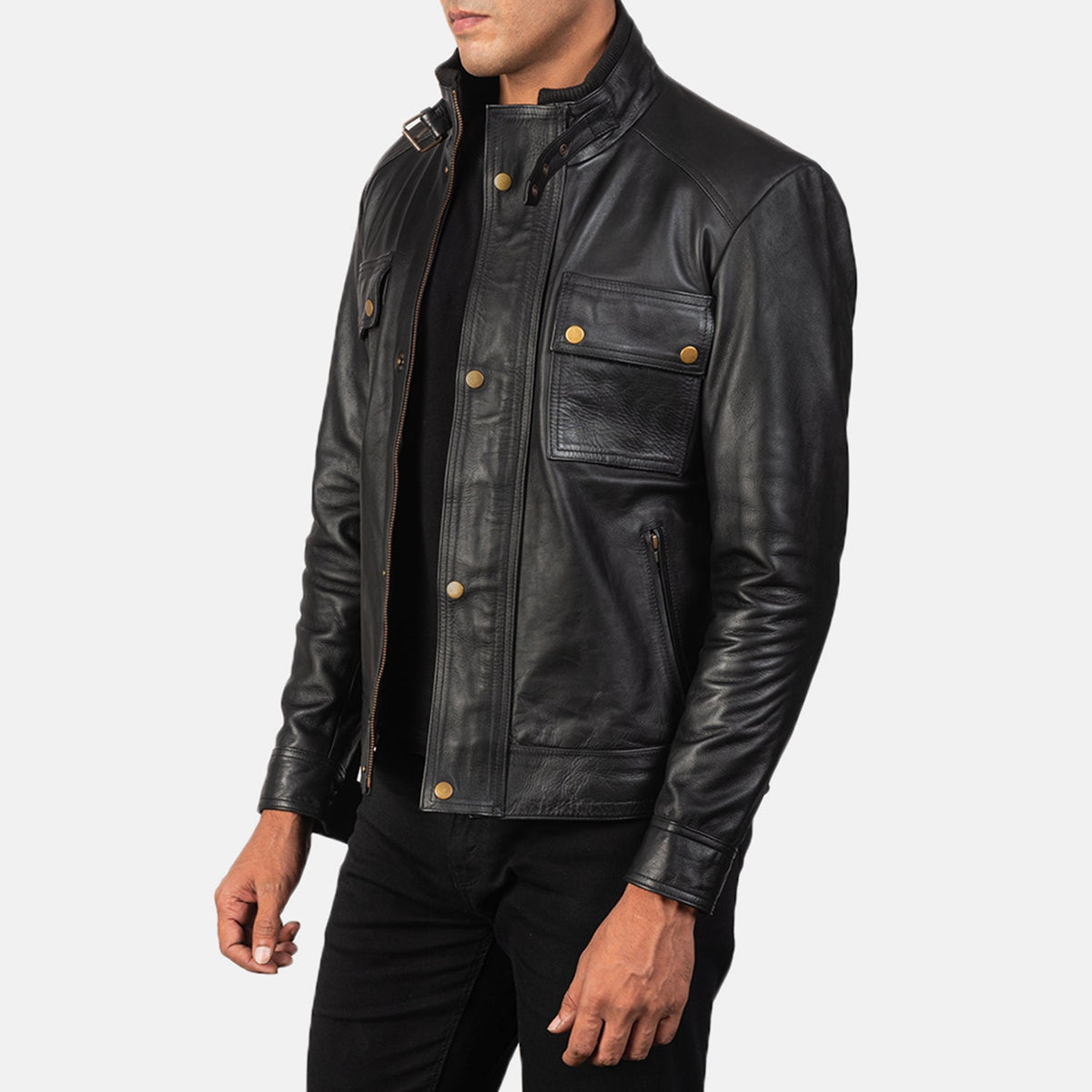 Darren Black Leather Biker Jacket - men's jacket in black cowhide leather, view 2