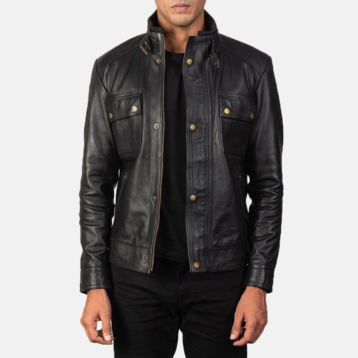 Darren Black Leather Biker Jacket - men's jacket in black cowhide leather, view 3
