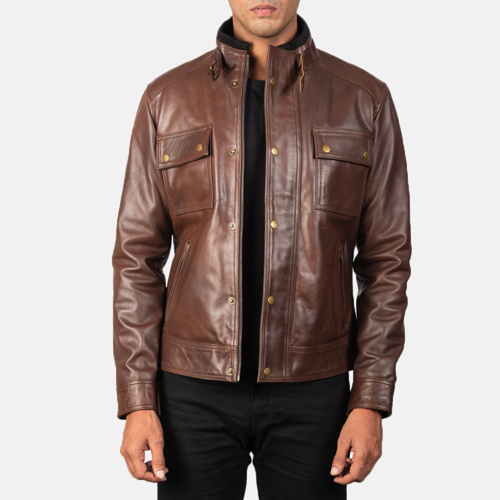 Darren Brown Leather Biker Jacket - men's jacket in brown cowhide leather, view 1