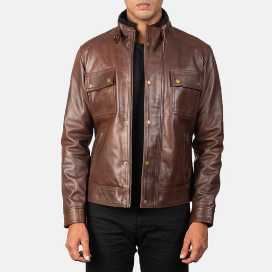 Darren Brown Leather Biker Jacket - men's jacket in brown cowhide leather, view 1