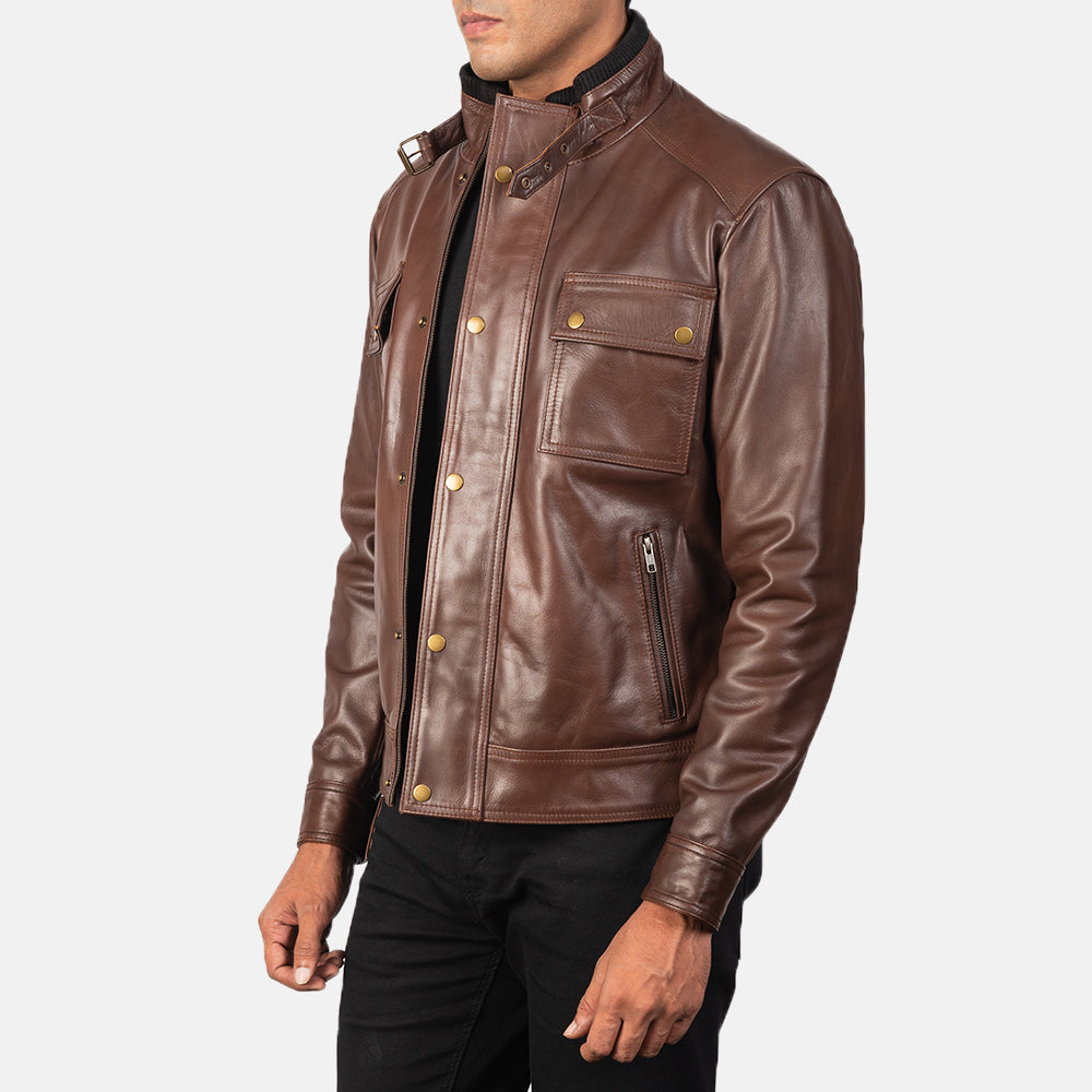 Darren Brown Leather Biker Jacket - men's jacket in brown cowhide leather, view 2