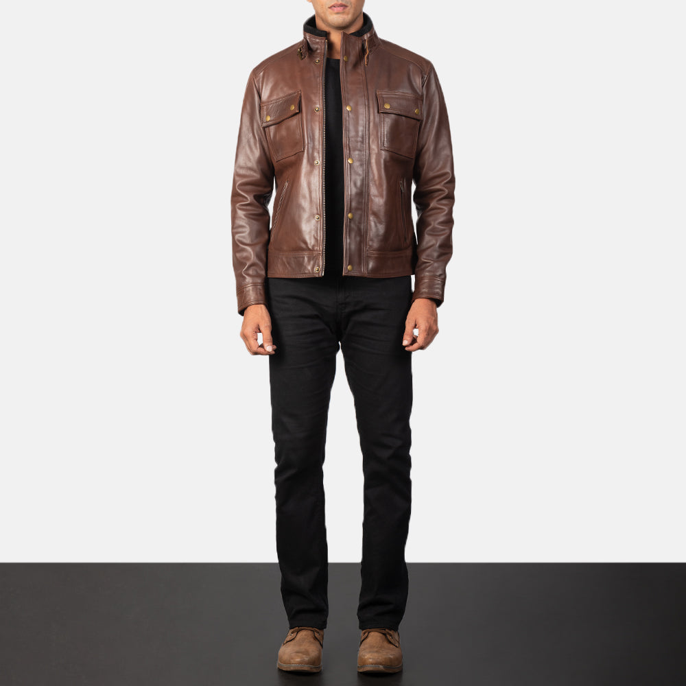 Darren Brown Leather Biker Jacket - men's jacket in brown cowhide leather, view 3