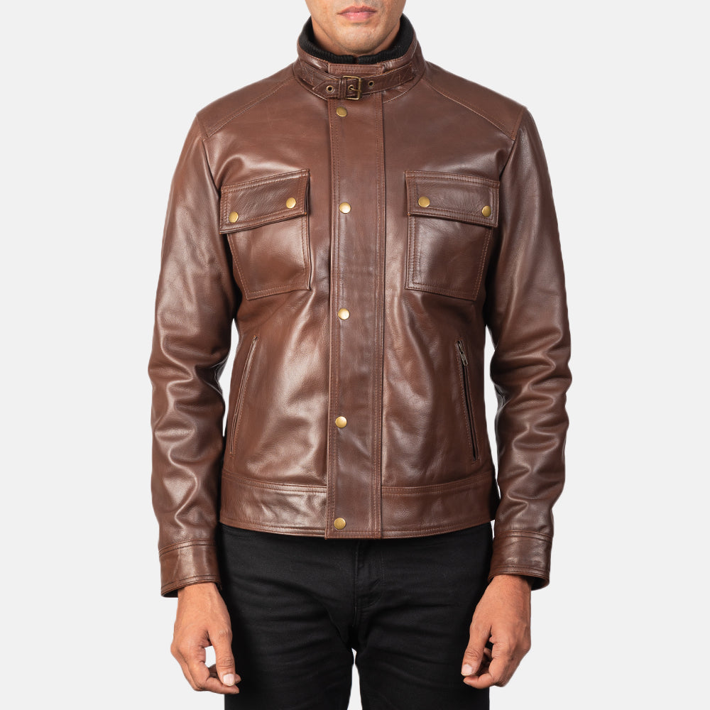 Darren Brown Leather Biker Jacket - men's jacket in brown cowhide leather, view 4