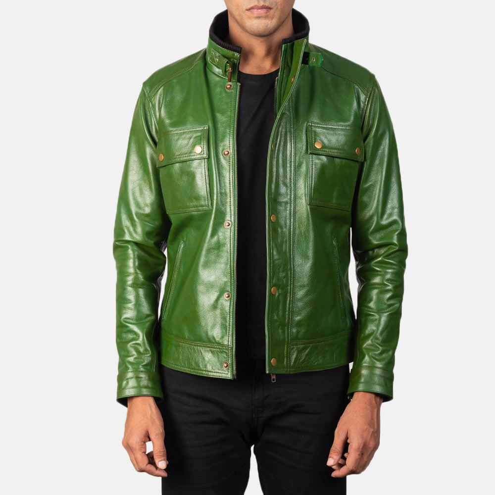 Darren Distressed Green Leather Biker Jacket - men's jacket in green cowhide leather, view 1