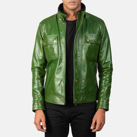 Darren Distressed Green Leather Biker Jacket - men's jacket in green cowhide leather, view 1