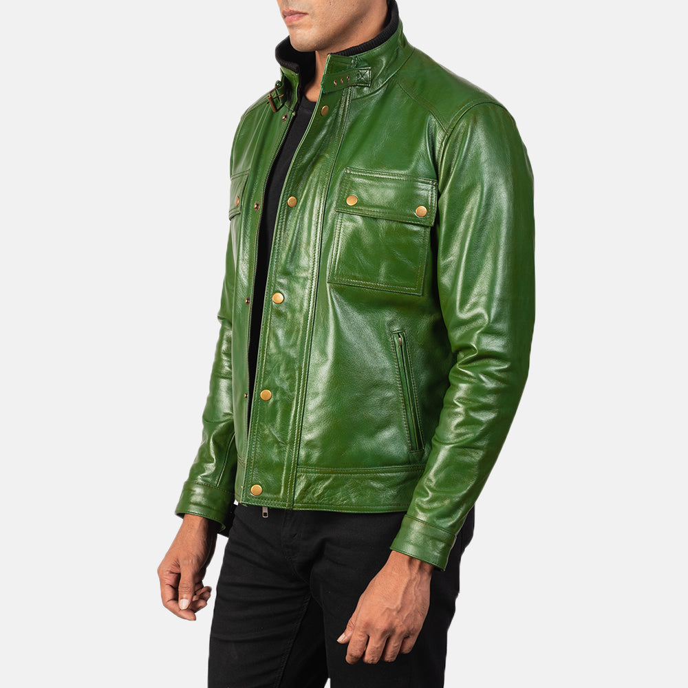 Darren Distressed Green Leather Biker Jacket - men's jacket in green cowhide leather, view 2