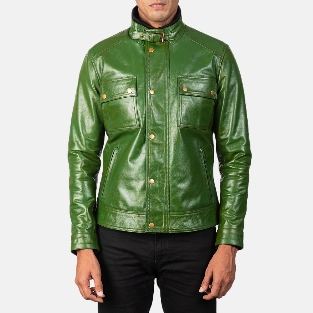 Darren Distressed Green Leather Biker Jacket - men's jacket in green cowhide leather, view 3